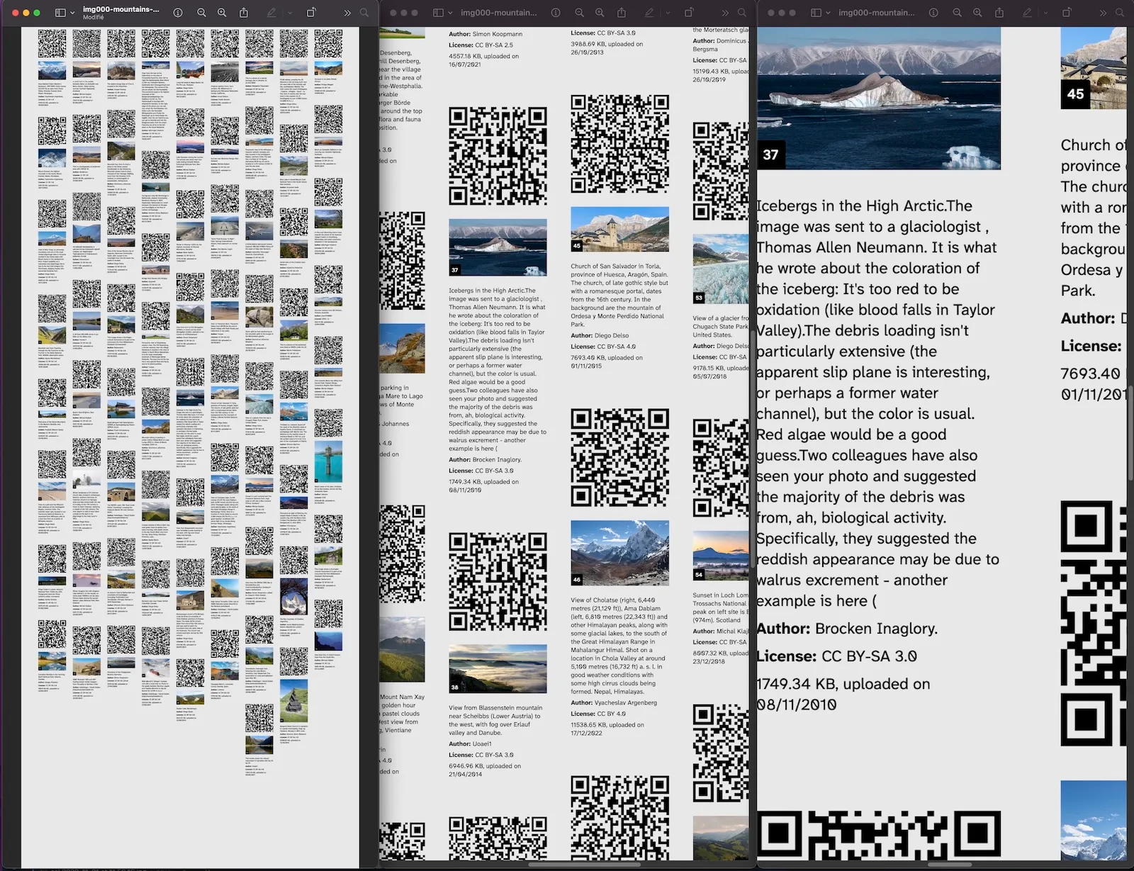Pour chaque visuel créé, une collection d'images est générée (sa matière même). Sont mentionnés pour chaque image: sa description, son auteur, sa license, et d'autres metadonnées.